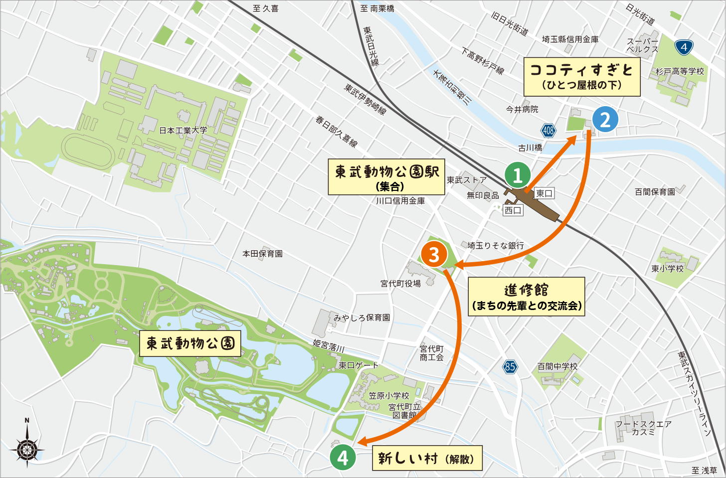 ツアールートマップ（東武動物公園駅⇔ココティすぎと⇔進修館⇔新しい村⇔東武動物公園）
